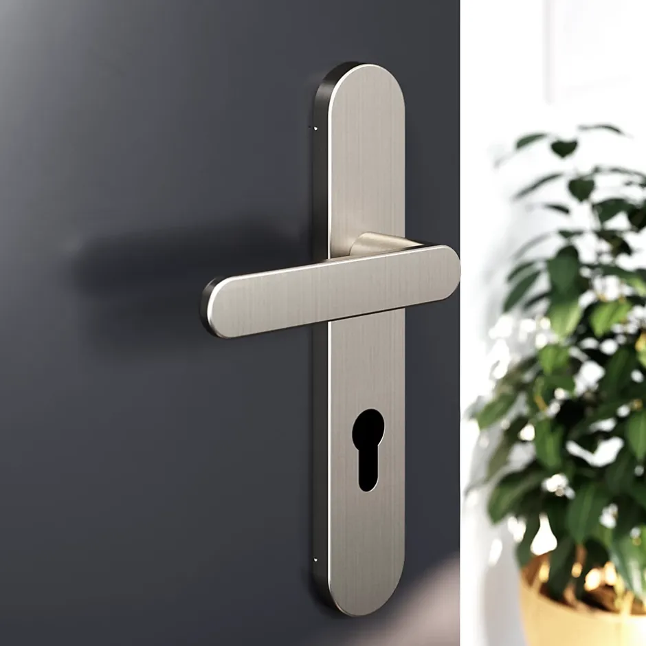 Ensemble poignée sur plaque rondcylindre Minzh effet nickel satin gris L.120mm x l.42mm entraxe 165-195mm-GoodHome Outlet