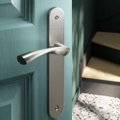 GoodHome Ensemble poignée sur plaque rond Breage effet nickel satin gris L.120.5mm x l.40mm entraxe 195mm