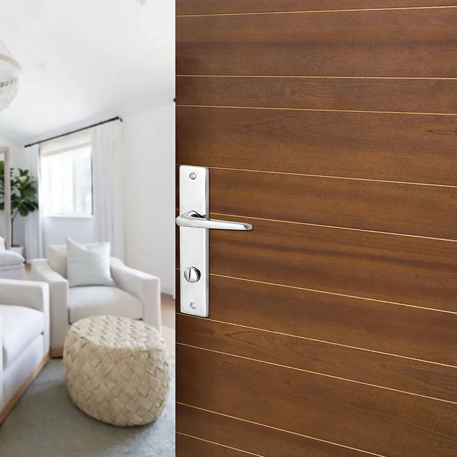 Ensemble poignée sur plaque rectangulaire à condamnation Colan effet chromé brillant gris L.106mm x l.39.8mm entraxe 165mm- New