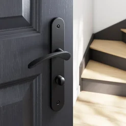 Ensemble poignée sur plaque rond à condamnation Beare effet nickel mat noir L.110.5mm x l.40mm entraxe 195mm-GoodHome New