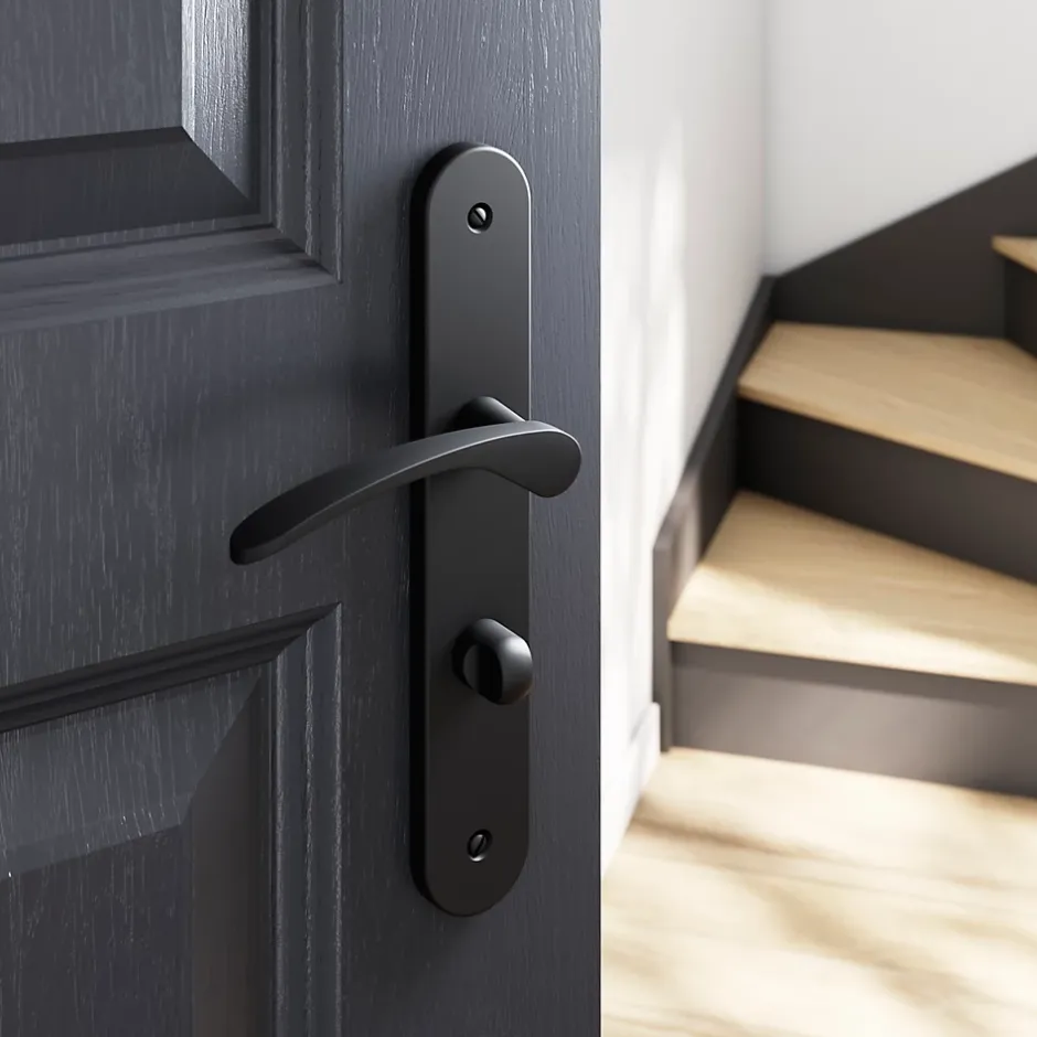 Ensemble poignée sur plaque rond à condamnation Beare effet nickel mat noir L.110.5mm x l.40mm entraxe 195mm-GoodHome New