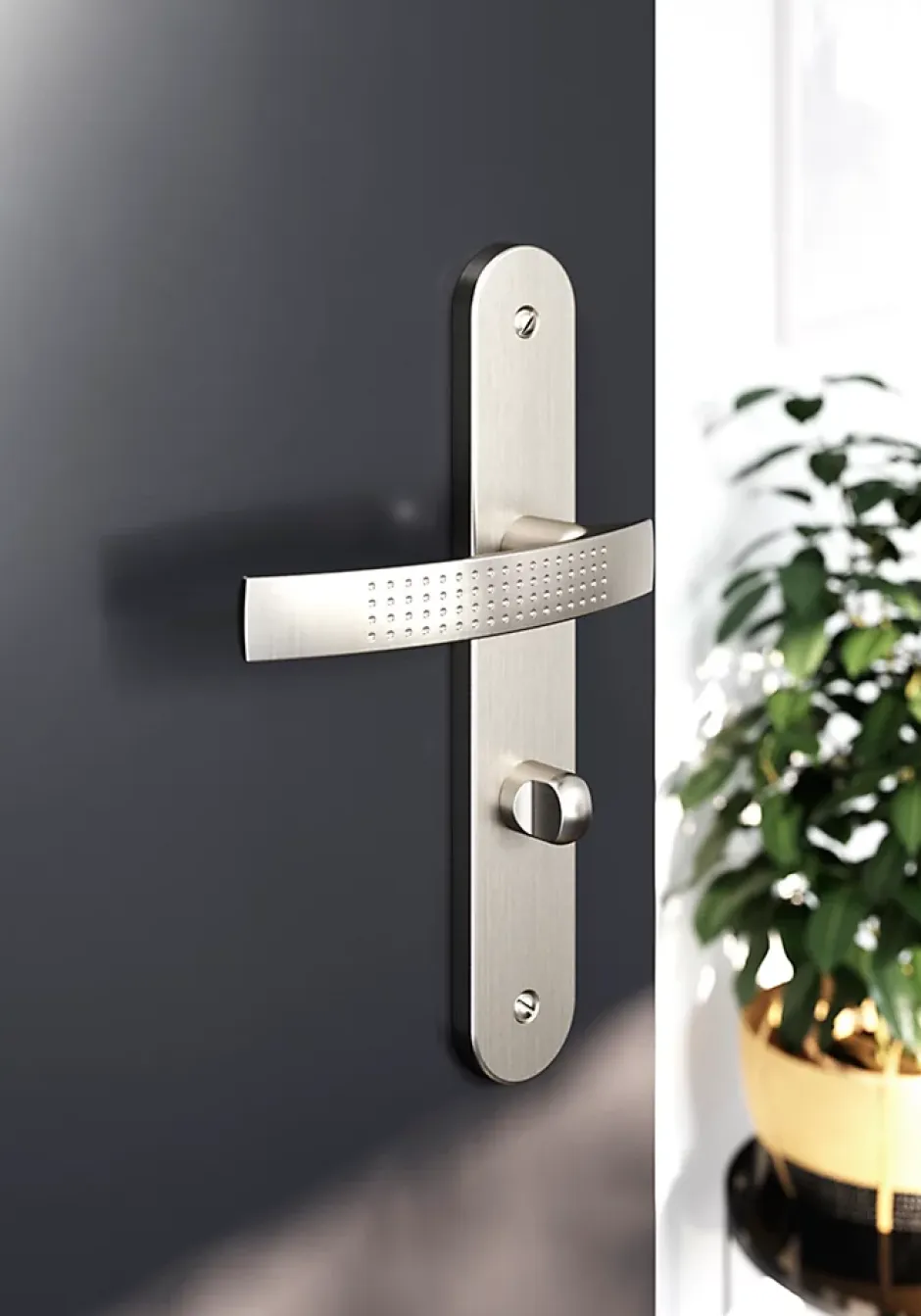 GoodHome Ensemble poignée sur plaque rond à condamnation Diss effet nickel satin gris L.139mm x l.40mm entraxe 195mm