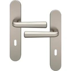 Ensemble poignée sur plaque rond serrure Dizel effet nickel satin gris L.121.5mm x l.42mm entraxe 165-195mm-GoodHome Discount