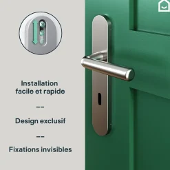 Ensemble poignée sur plaque rond serrure Dizel effet nickel satin gris L.121.5mm x l.42mm entraxe 165-195mm-GoodHome Discount