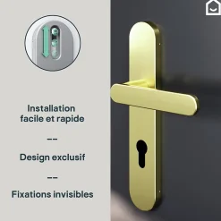 GoodHome Ensemble poignée sur plaque rondcylindre Minzh effet laiton satin doré L.120mm x l.42mm entraxe 165-195mm