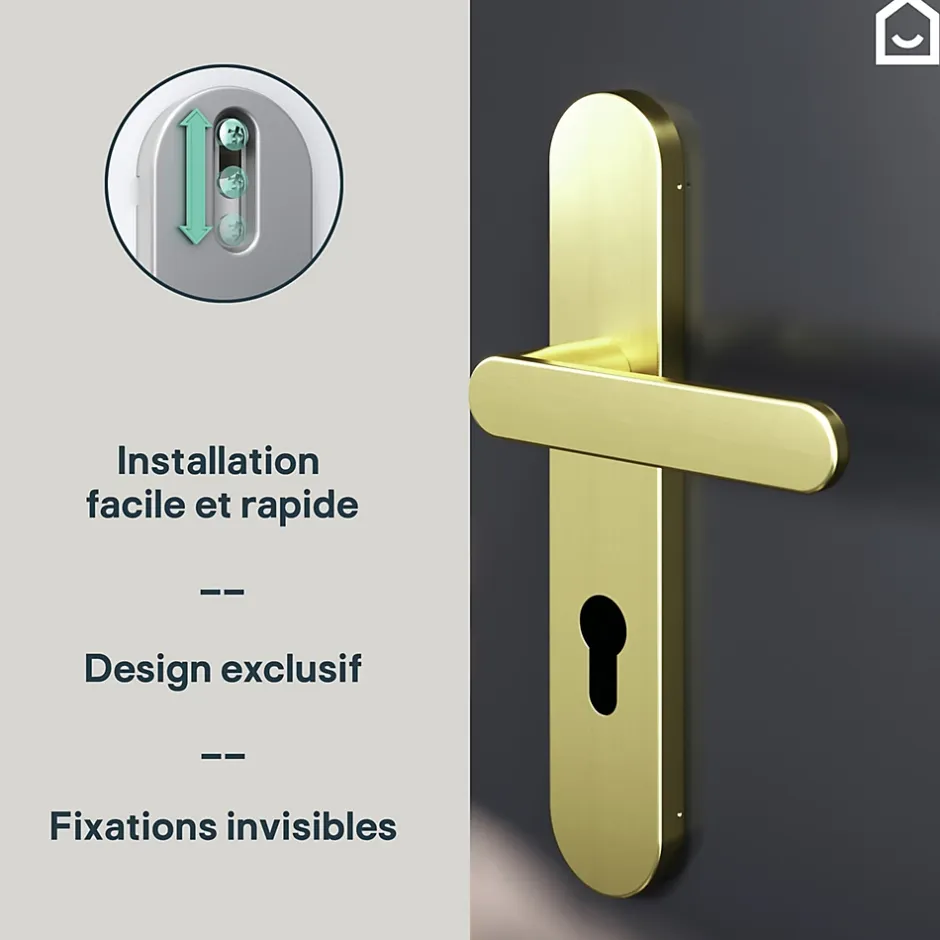 GoodHome Ensemble poignée sur plaque rondcylindre Minzh effet laiton satin doré L.120mm x l.42mm entraxe 165-195mm