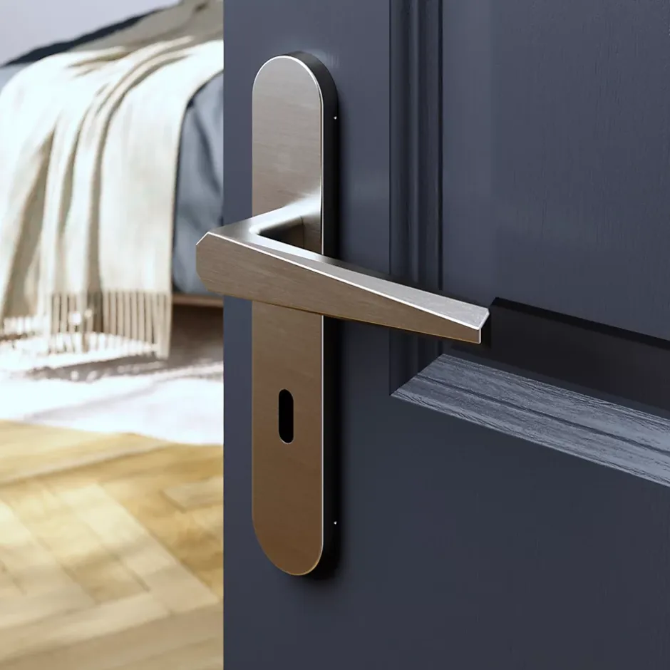 Ensemble poignée sur plaque rond serrure Keri effet nickel satin gris L.140mm x l.42mm entraxe 165-195mm-GoodHome New