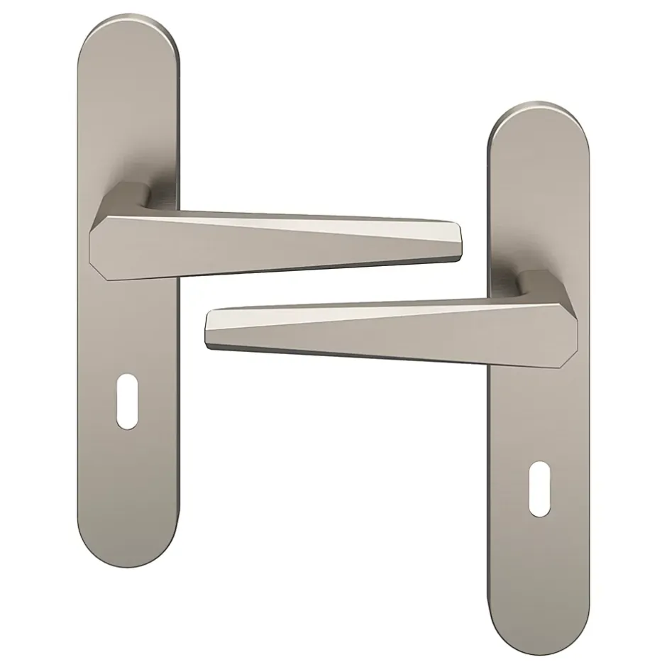 Ensemble poignée sur plaque rond serrure Keri effet nickel satin gris L.140mm x l.42mm entraxe 165-195mm-GoodHome New