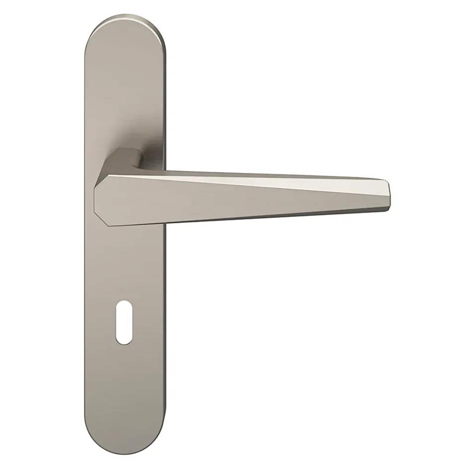 Ensemble poignée sur plaque rond serrure Keri effet nickel satin gris L.140mm x l.42mm entraxe 165-195mm-GoodHome New