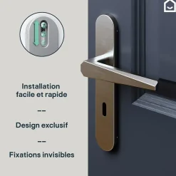 Ensemble poignée sur plaque rond serrure Keri effet nickel satin gris L.140mm x l.42mm entraxe 165-195mm-GoodHome New