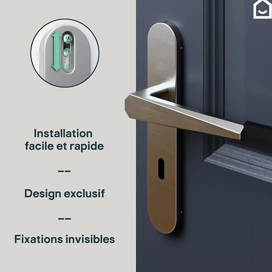 Ensemble poignée sur plaque rond serrure Keri effet nickel satin gris L.140mm x l.42mm entraxe 165-195mm-GoodHome New