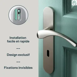 GoodHome Ensemble poignée sur plaque rond serrure Ruis effet nickel satin gris L.138.5mm x l.42mm entraxe 165-195mm