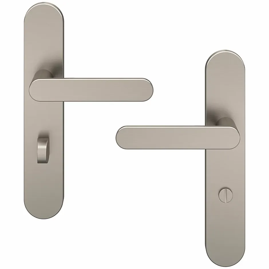 Ensemble poignée sur plaque rond à condamnation Minzh effet nickel satin gris L.120mm x l.42mm entraxe 165-195mm-GoodHome Clearance