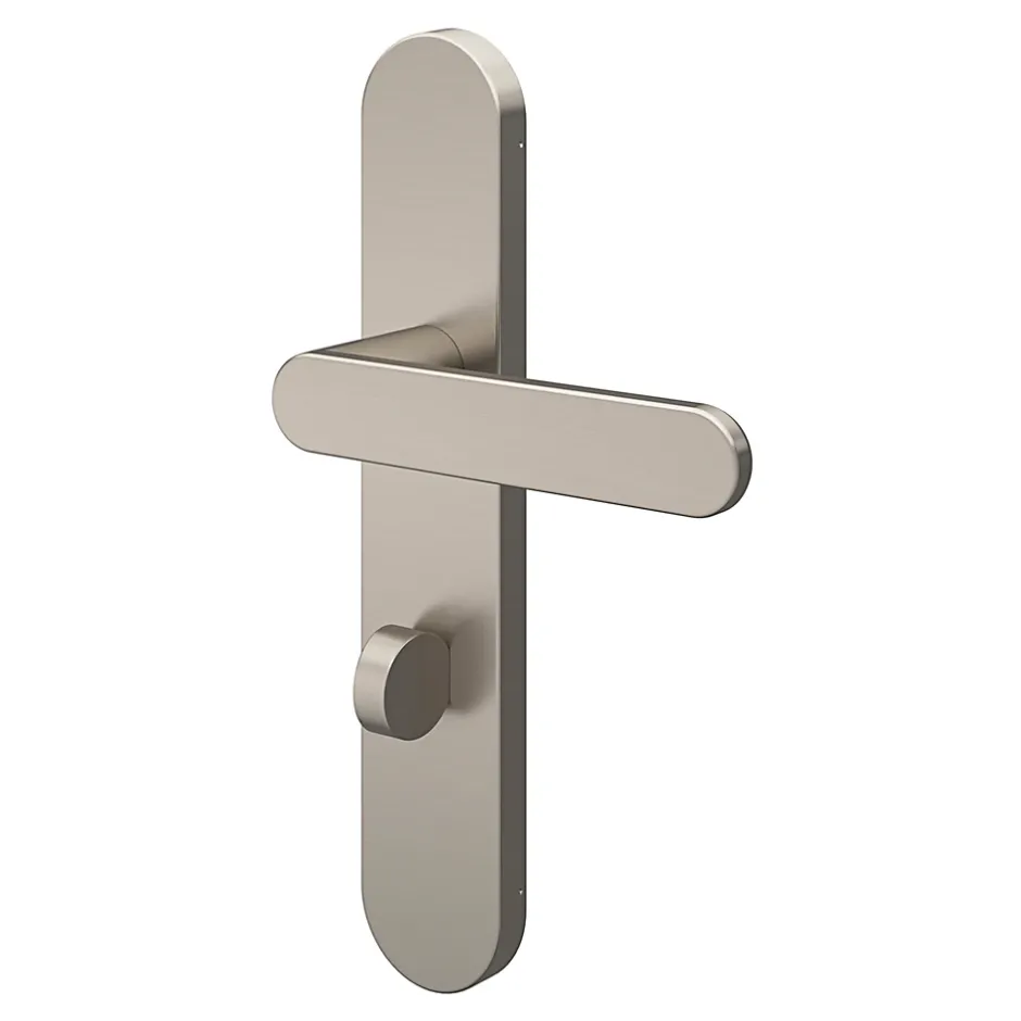 Ensemble poignée sur plaque rond à condamnation Minzh effet nickel satin gris L.120mm x l.42mm entraxe 165-195mm-GoodHome Clearance