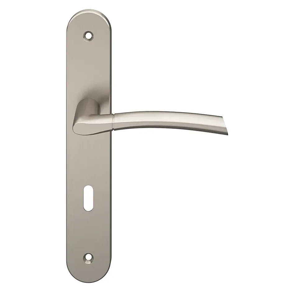 Ensemble poignée sur plaque rond serrure Hirel effet nickel satin gris L.128mm x l.40mm entraxe 195mm-GoodHome Best