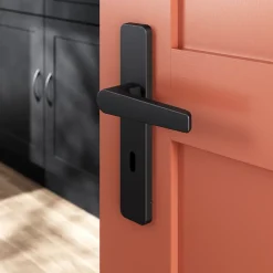 Ensemble poignée sur plaque rectangulaire serrure Kerver effet nickel mat noir L.128mm x l.42mm entraxe 165-195mm-GoodHome Best