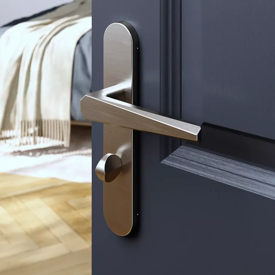 GoodHome Ensemble poignée sur plaque rond à condamnation Keri effet nickel satin gris L.140mm x l.42mm entraxe 165-195mm