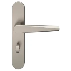 GoodHome Ensemble poignée sur plaque rond à condamnation Keri effet nickel satin gris L.140mm x l.42mm entraxe 165-195mm