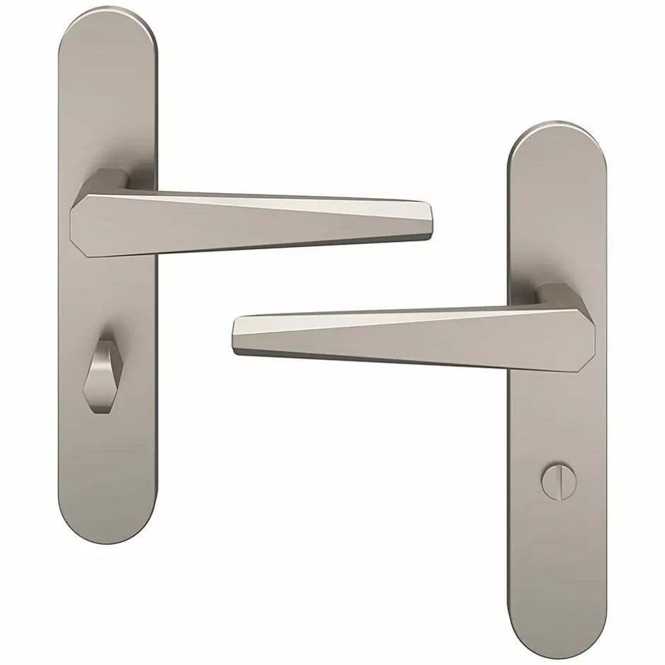 GoodHome Ensemble poignée sur plaque rond à condamnation Keri effet nickel satin gris L.140mm x l.42mm entraxe 165-195mm