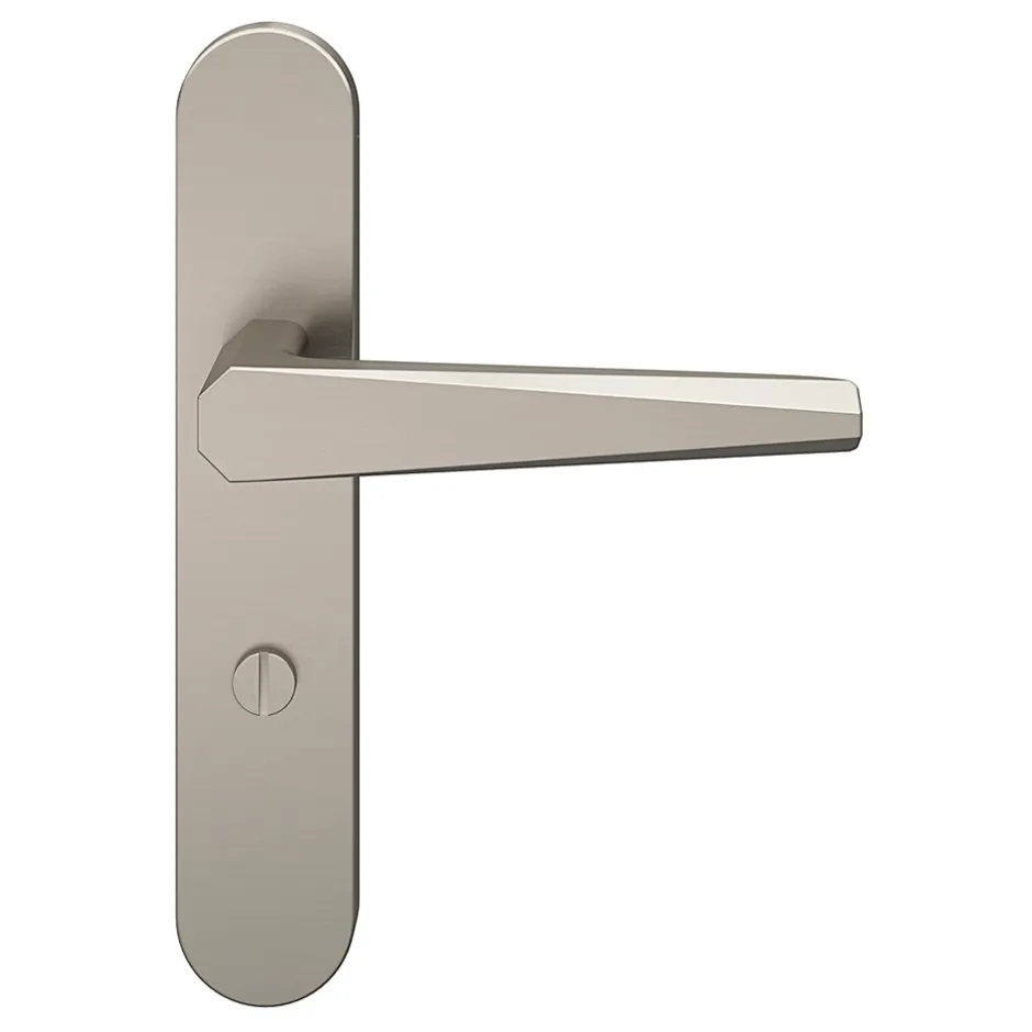 GoodHome Ensemble poignée sur plaque rond à condamnation Keri effet nickel satin gris L.140mm x l.42mm entraxe 165-195mm