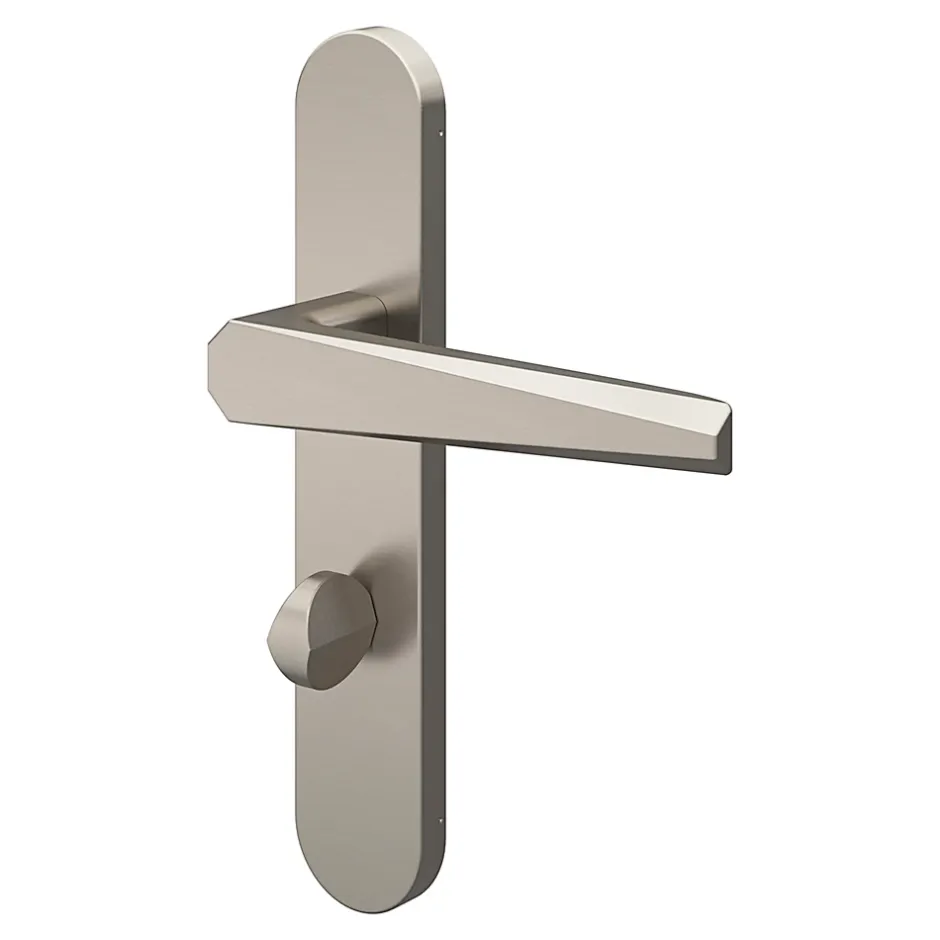 GoodHome Ensemble poignée sur plaque rond à condamnation Keri effet nickel satin gris L.140mm x l.42mm entraxe 165-195mm