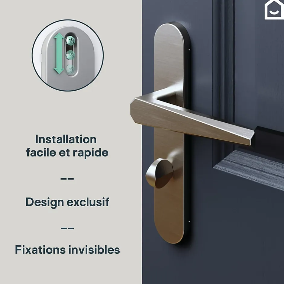 GoodHome Ensemble poignée sur plaque rond à condamnation Keri effet nickel satin gris L.140mm x l.42mm entraxe 165-195mm