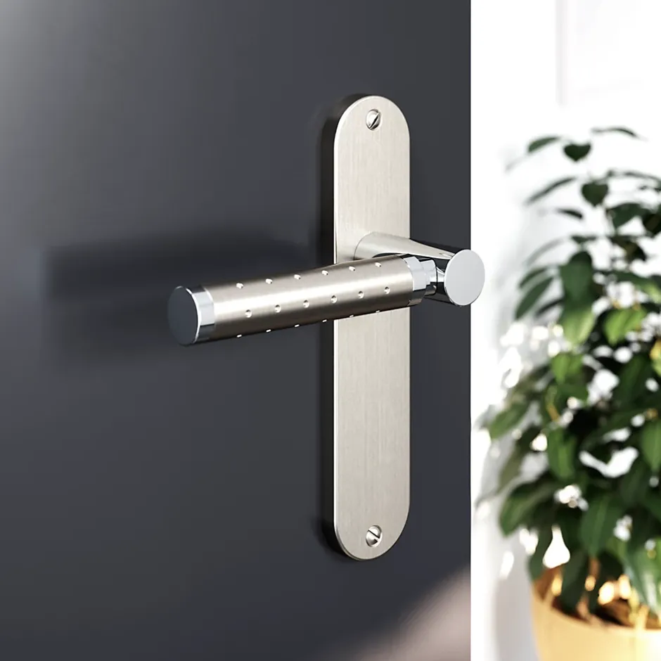 Ensemble poignée sur plaque rond Brigg effet chrome et nickel satin gris L.132mm x l.40mm entraxe 165mm-GoodHome Best