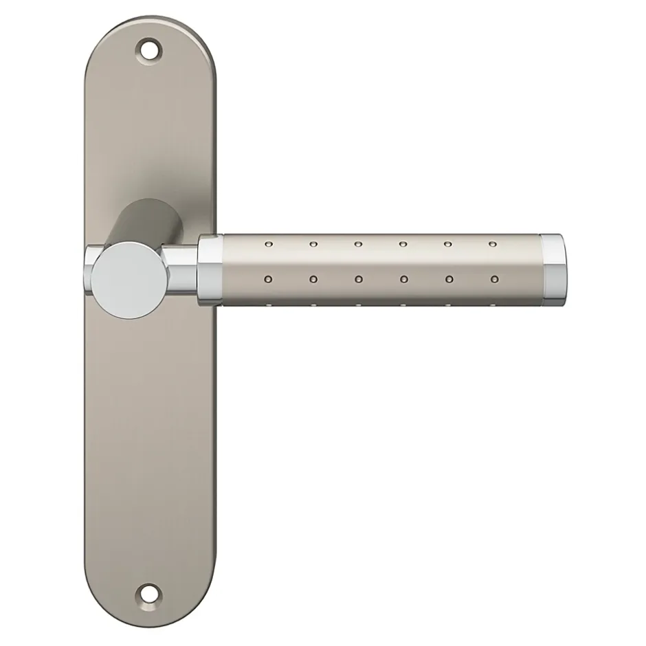 Ensemble poignée sur plaque rond Brigg effet chrome et nickel satin gris L.132mm x l.40mm entraxe 165mm-GoodHome Best
