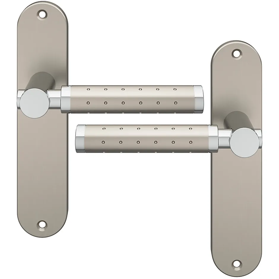 Ensemble poignée sur plaque rond Brigg effet chrome et nickel satin gris L.132mm x l.40mm entraxe 165mm-GoodHome Best