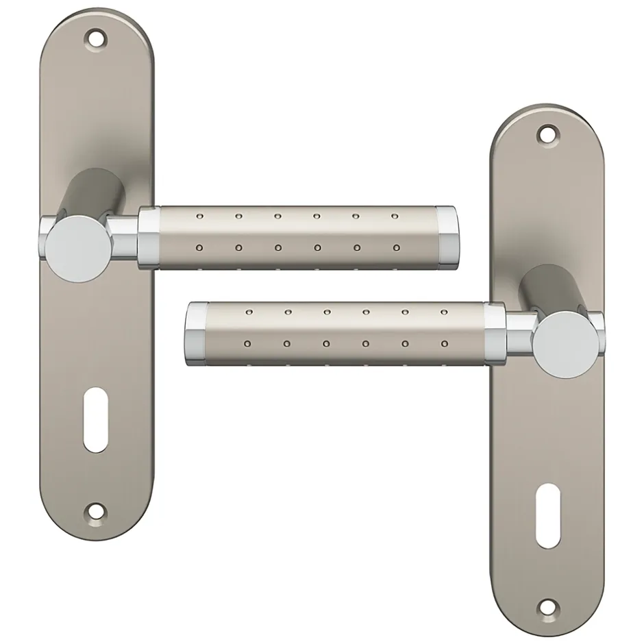 Ensemble poignée sur plaque rond serrure Brigg effet chrome et nickel satin gris L.132mm x l.40mm entraxe 165mm-GoodHome Hot