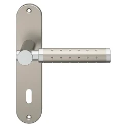 Ensemble poignée sur plaque rond serrure Brigg effet chrome et nickel satin gris L.132mm x l.40mm entraxe 165mm-GoodHome Hot