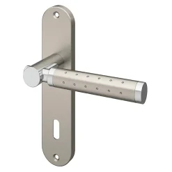 Ensemble poignée sur plaque rond serrure Brigg effet chrome et nickel satin gris L.132mm x l.40mm entraxe 165mm-GoodHome Hot