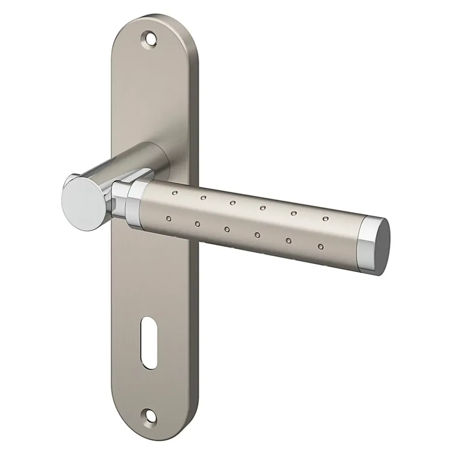 Ensemble poignée sur plaque rond serrure Brigg effet chrome et nickel satin gris L.132mm x l.40mm entraxe 165mm-GoodHome Hot