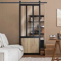 Ensemble porte coulissante noire Mykado 3 vitrages transparents et système de rail