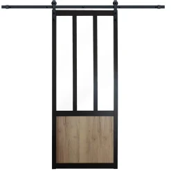 Ensemble porte coulissante noire Mykado 3 vitrages transparents et système de rail