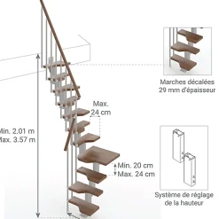 Escalier 1 quart tournant 13 marches - Hauteur à franchir de 2.81 à 3.33m - Largeur 61cm - Couleur noyer et gris --Matisere