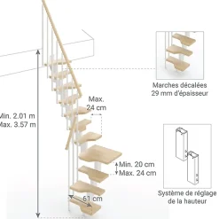Escalier 1 quart tournant 10 marches - Hauteur à franchir de 2.21 à 2.61m - Largeur 61cm - Couleur naturel et blanc --Matisere Best