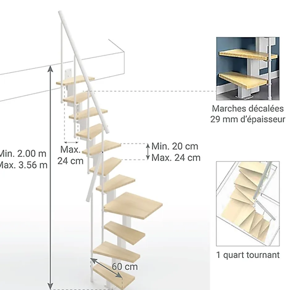 Escalier 1 quart tournant 13 marches - Hauteur à franchir de 2.80m à 3.32m - Largeur 60cm - Couleur bois et blanc --Matisere Sale