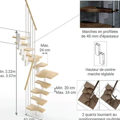 Matisere Escalier 2 quart tournant 14 marches - Hauteur à franchir de 3.01 à 3.57m - Largeur 61cm - Couleur naturel et blanc -
