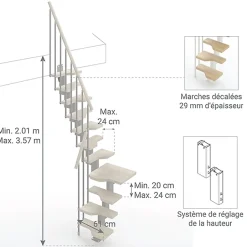 Escalier 1 quart tournant 9 marches - Hauteur à franchir de 2.01 à 2.37m - Largeur 61cm - Couleur bois et blanc --Matisere Best