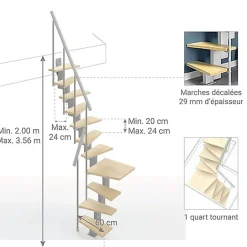Escalier 1 quart tournant 9 marches - Hauteur à franchir de 2.00 à 2.36m - Largeur 60cm - Couleur bois et blanc --Matisere Sale
