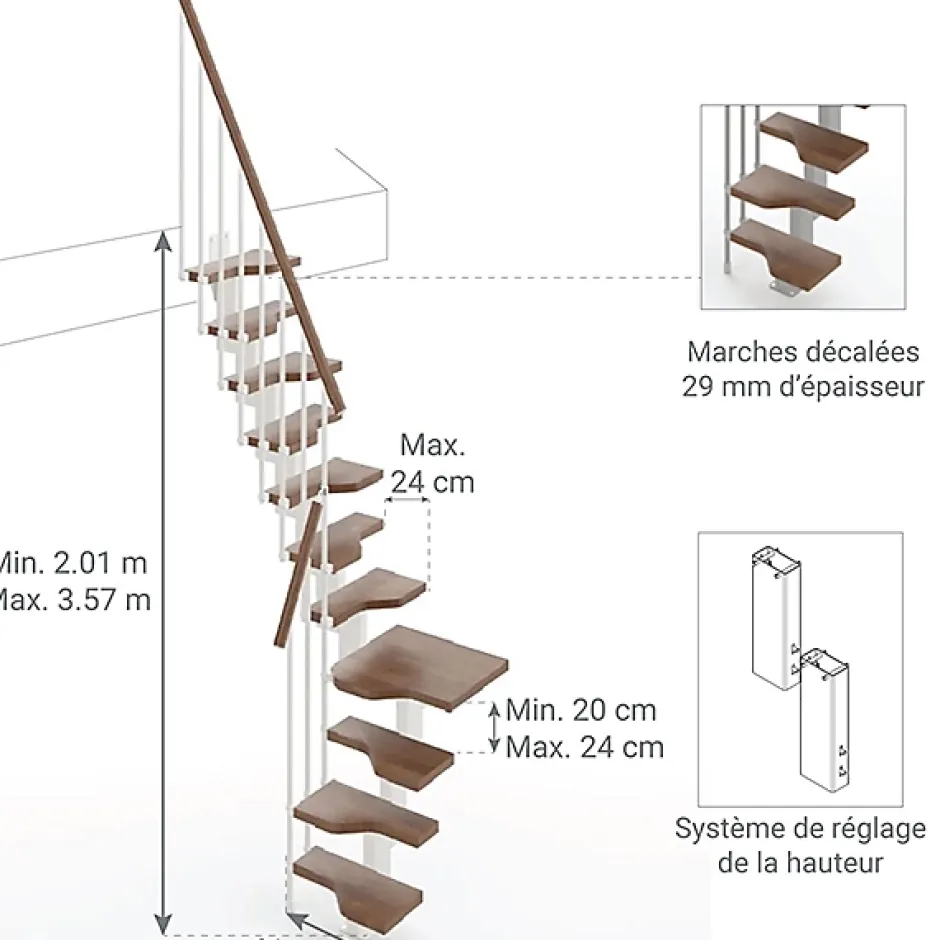 Escalier 1 quart tournant 9 marches - Hauteur à franchir de 2.01 à 2.37m - Largeur 61cm - Couleur noyer et gris --Matisere New