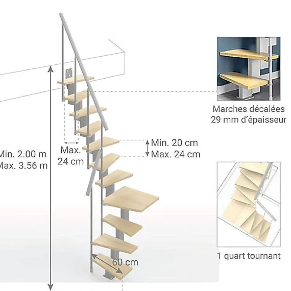 Escalier 1 quart tournant 10 marches - Hauteur à franchir de 2.20 à 2.60m - Largeur 60cm - Couleur bois et blanc --Matisere New