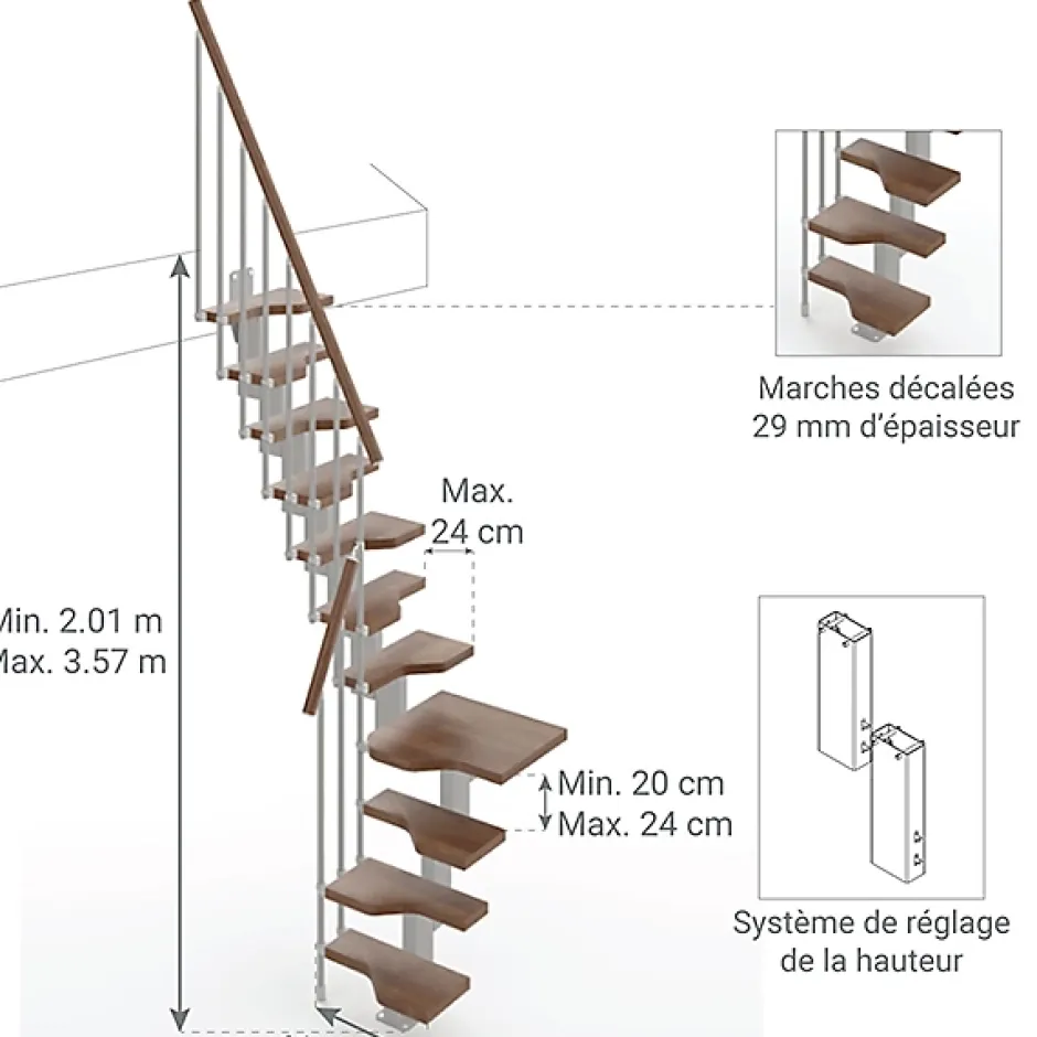 Matisere Escalier 1 quart tournant 11 marches - Hauteur à franchir de 2.41 à 2.85m - Largeur 61cm - Couleur noyer et gris -