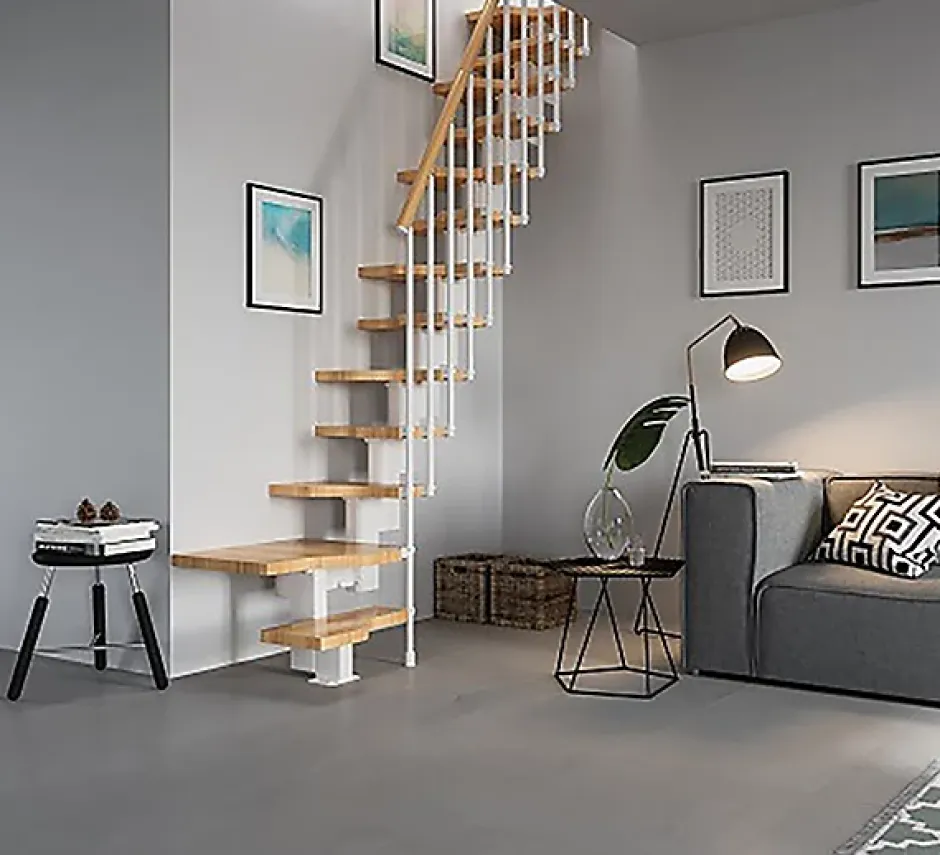 Escalier 1 quart tournant 12 marches - Hauteur à franchir de 2.61 à 3.09m - Largeur 61cm - Couleur bois et blanc --Matisere Online