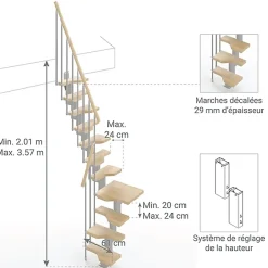 Matisere Escalier 1 quart tournant 12 marches - Hauteur à franchir de 2.61 à 3.09m - Largeur 61cm - Couleur naturel et blanc -