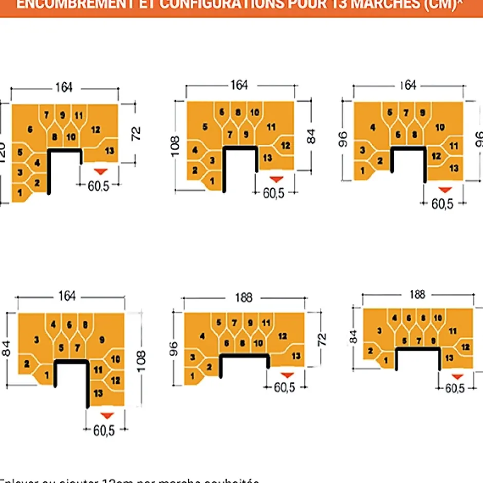 Matisere Escalier 2 quart tournant 12 marches - Hauteur à franchir de 2.61 à 3.09m - Largeur 61cm - Couleur naturel et blanc -