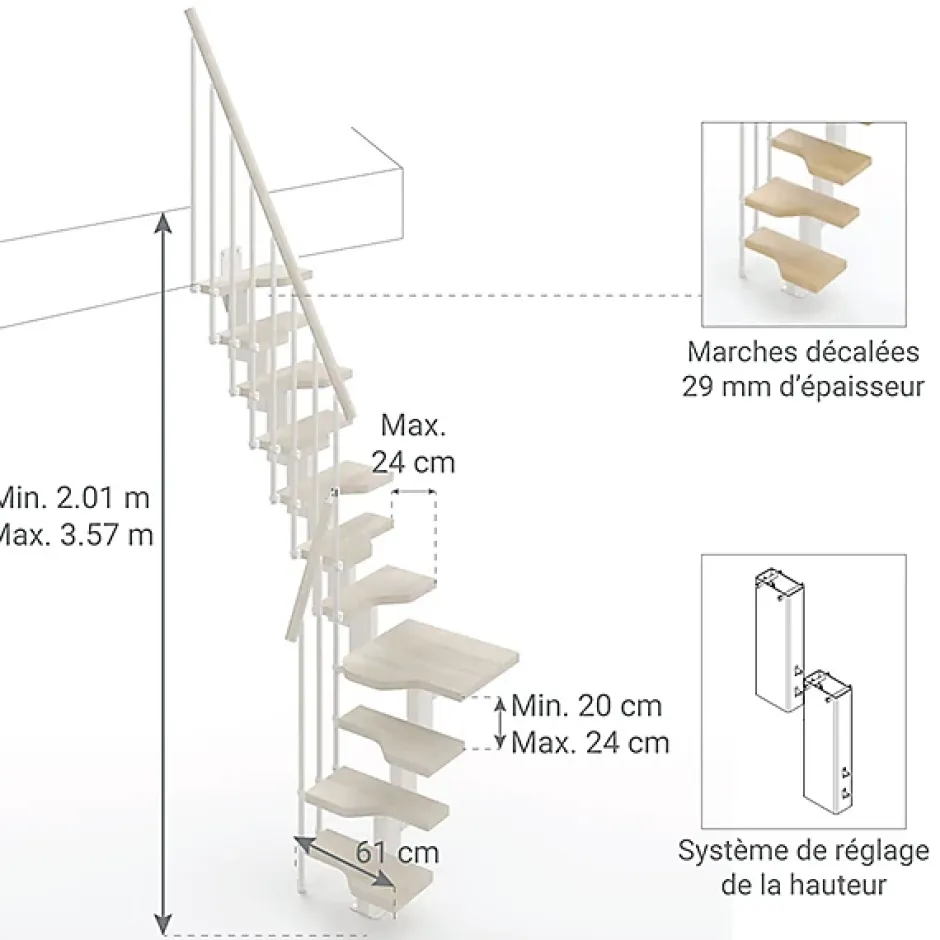 Escalier 1 quart tournant 10 marches - Hauteur à franchir de 2.21 à 2.61m - Largeur 61cm - Couleur bois et blanc --Matisere Online