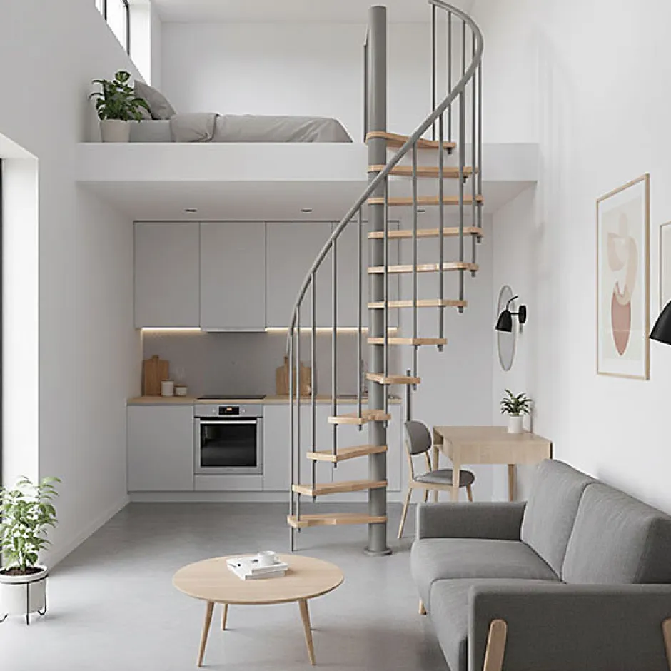 Matisere Escalier colimaçon 10 marches - Hauteur à franchir 2.09 à 2.59m - Structure grise et marche hêtre - Diamètre 120cm - SUON120/GH-10