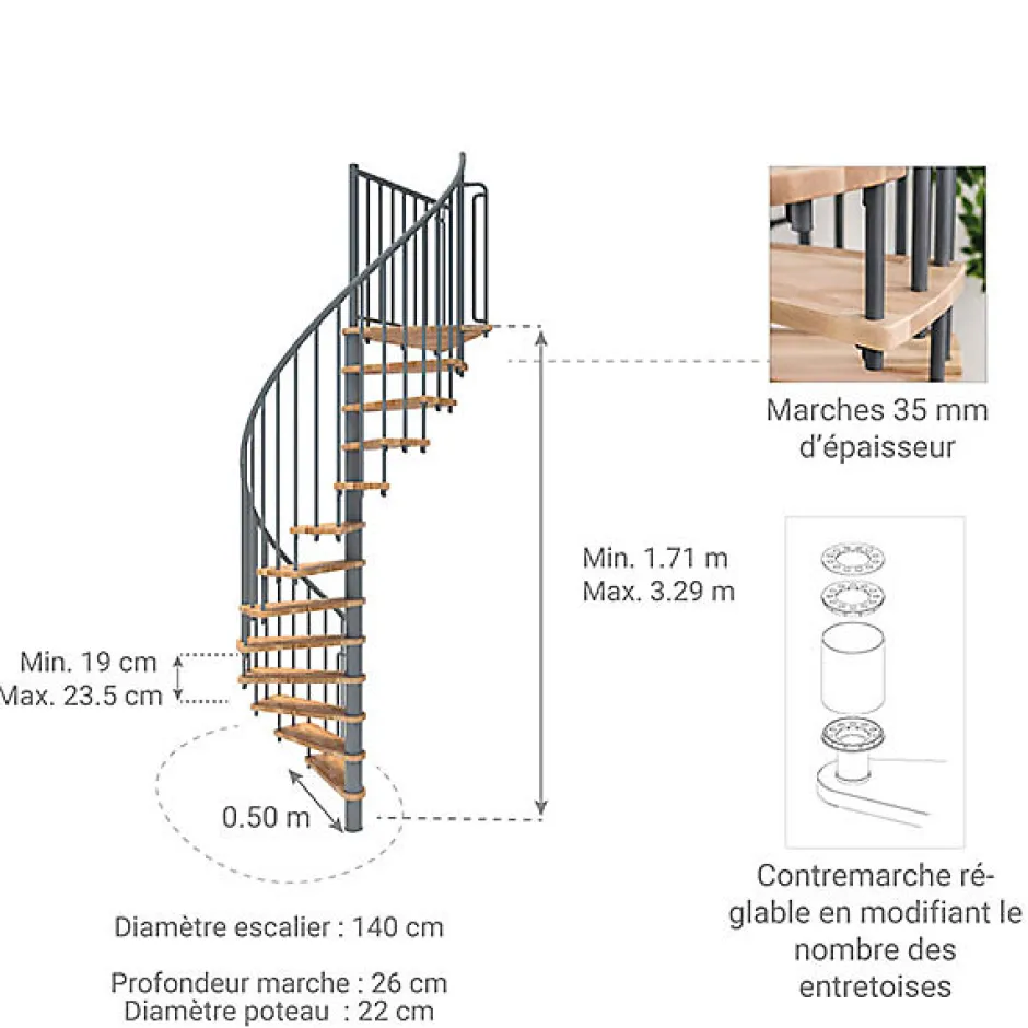 Matisere Escalier colimaçon 9 marches - Hauteur à franchir 1.71 à 2.12m - Diamètre 140cm - Structure grise et marche hêtre - BERL140-GH-9